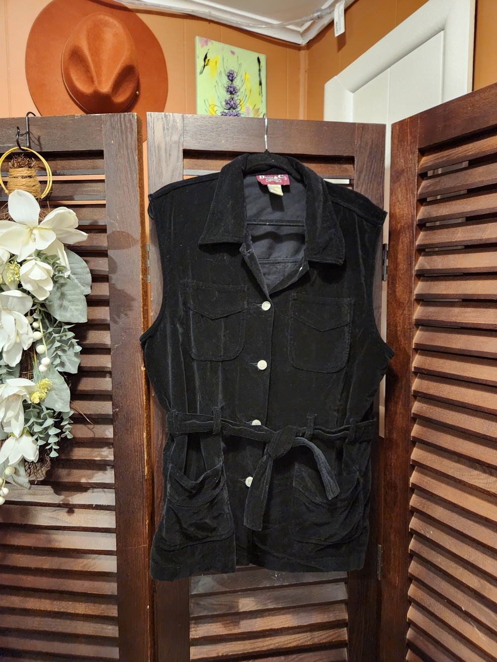 Vintage Denim&Co Black Sleeveless Velvet Belted Vest
